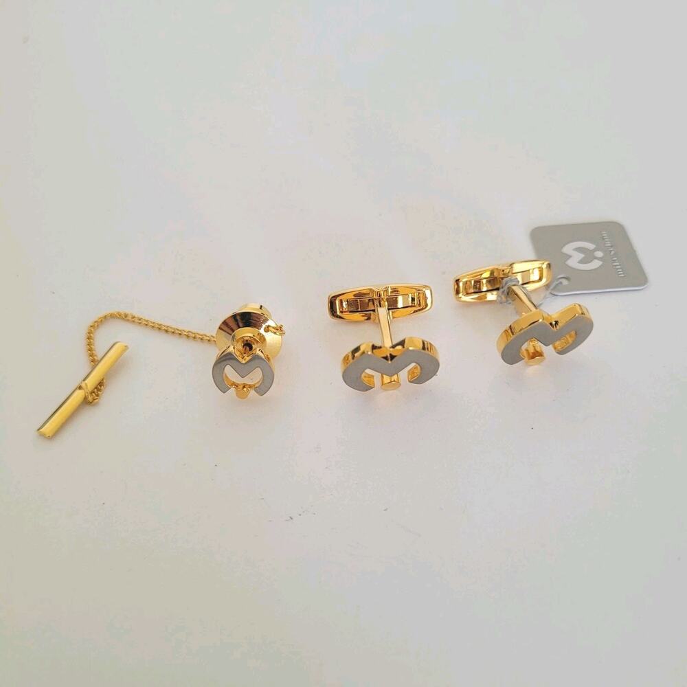 Mila Schon M Logo‎ Tie Pin Tack Clip Cufflinks Set Gold Silver Tone Designer New
